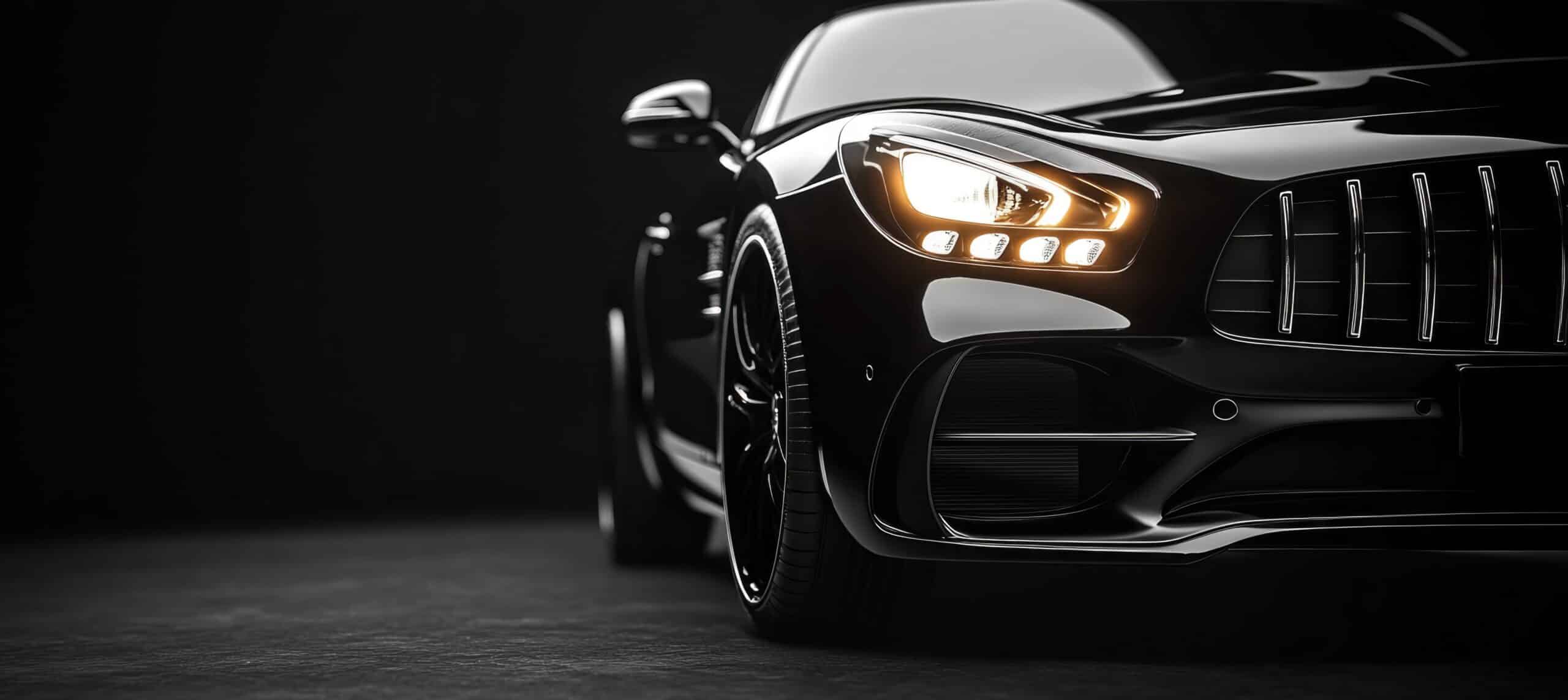 Black luxury car with glowing headlights isolated on a black background.